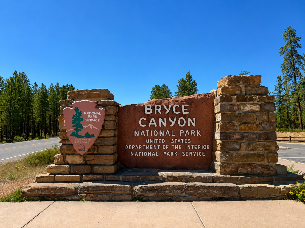 Bryce Canyon National Park entrance sign in Utah